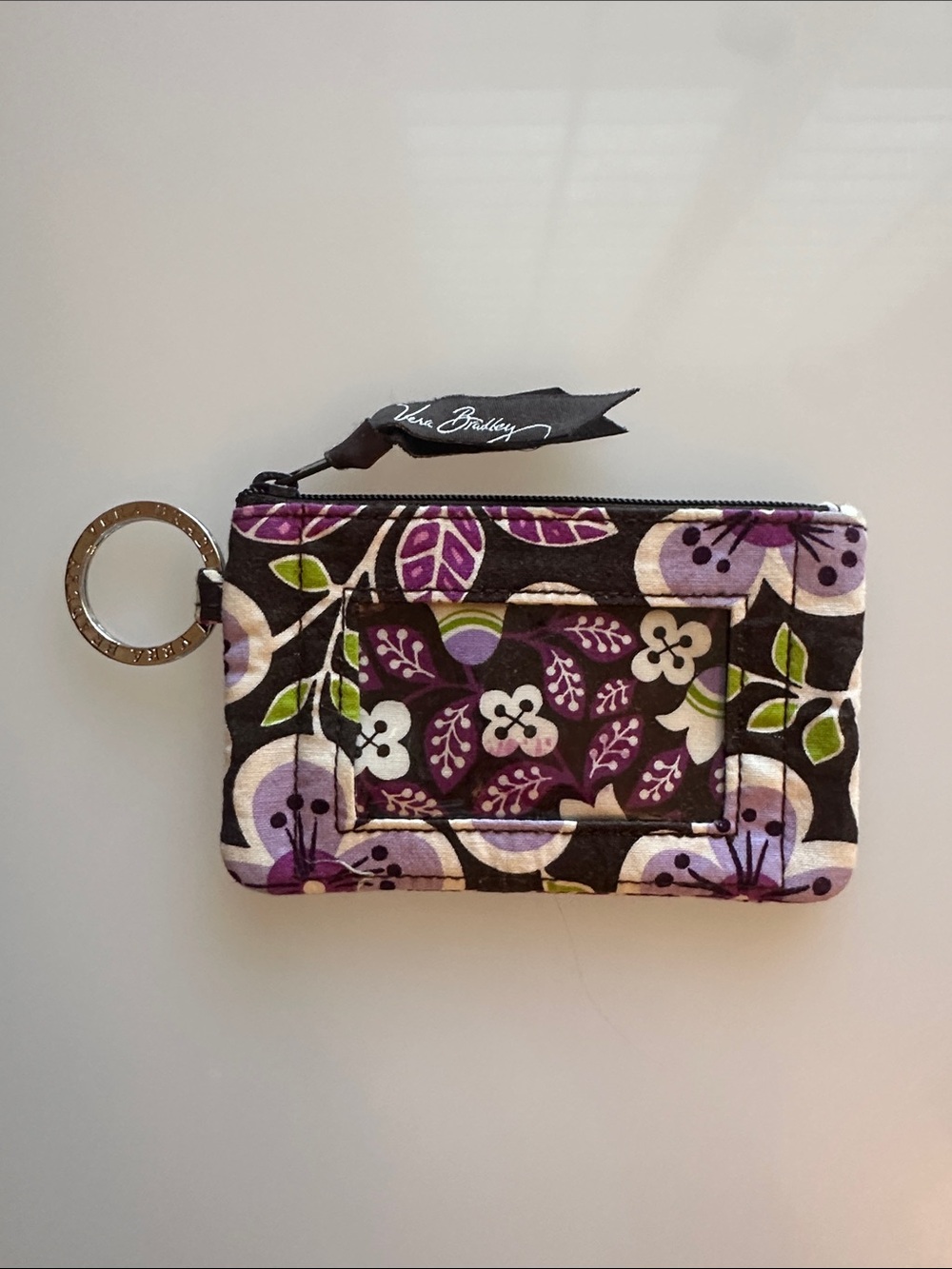Vera Bradley Black, Purple and Green Floral Quilted Keyring Card Pouch